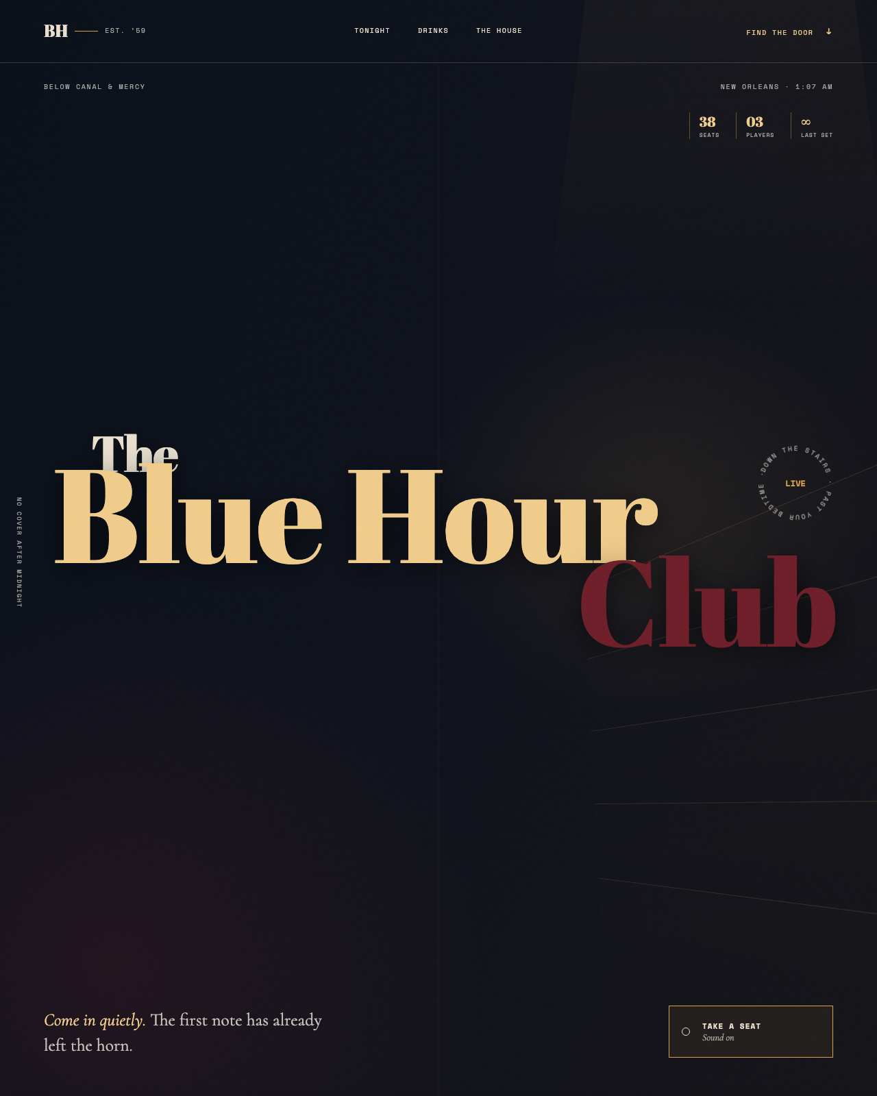 Live view of The Blue Hour Club — Jazz Below Canal Street